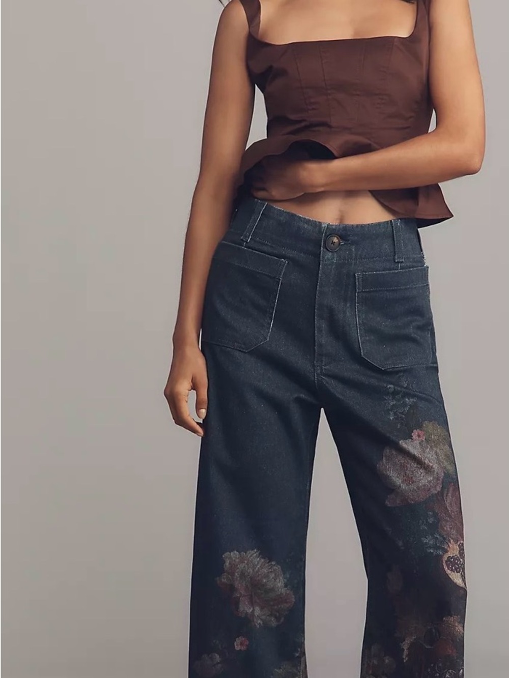 Maeve Dark Blue Wide-Leg Jeans with Floral Prints